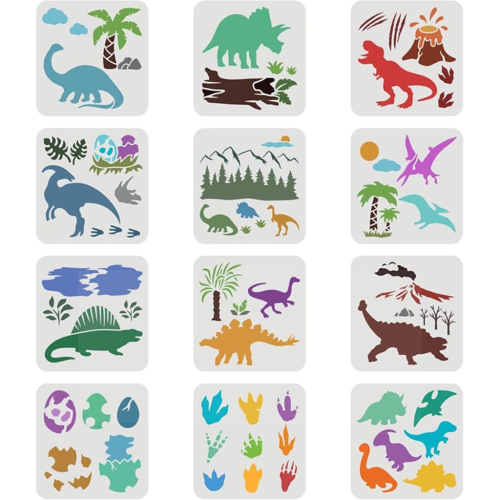 Dinosaur And Craft - 12 Stencil di Dinosauri 7,9x7,9 Pollici,